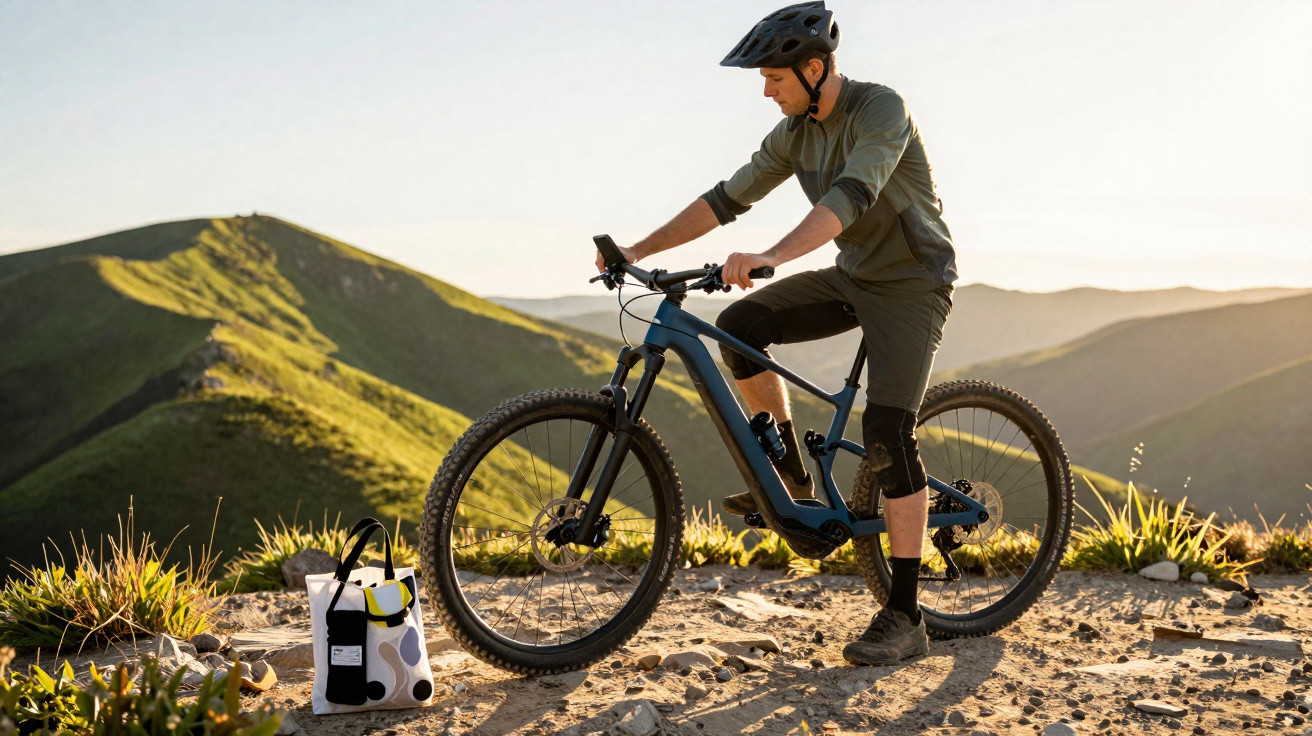 Homem com capacete prepara bicicleta para trilha em montanha ao pôr do sol.
