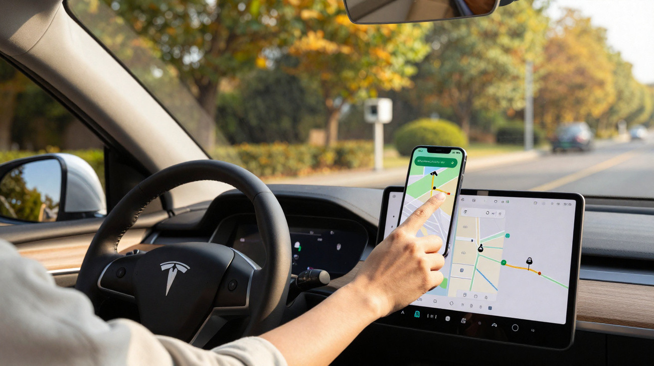 Interior de um carro Tesla com pessoa a usar aplicação de mapas no smartphone e monitor central.