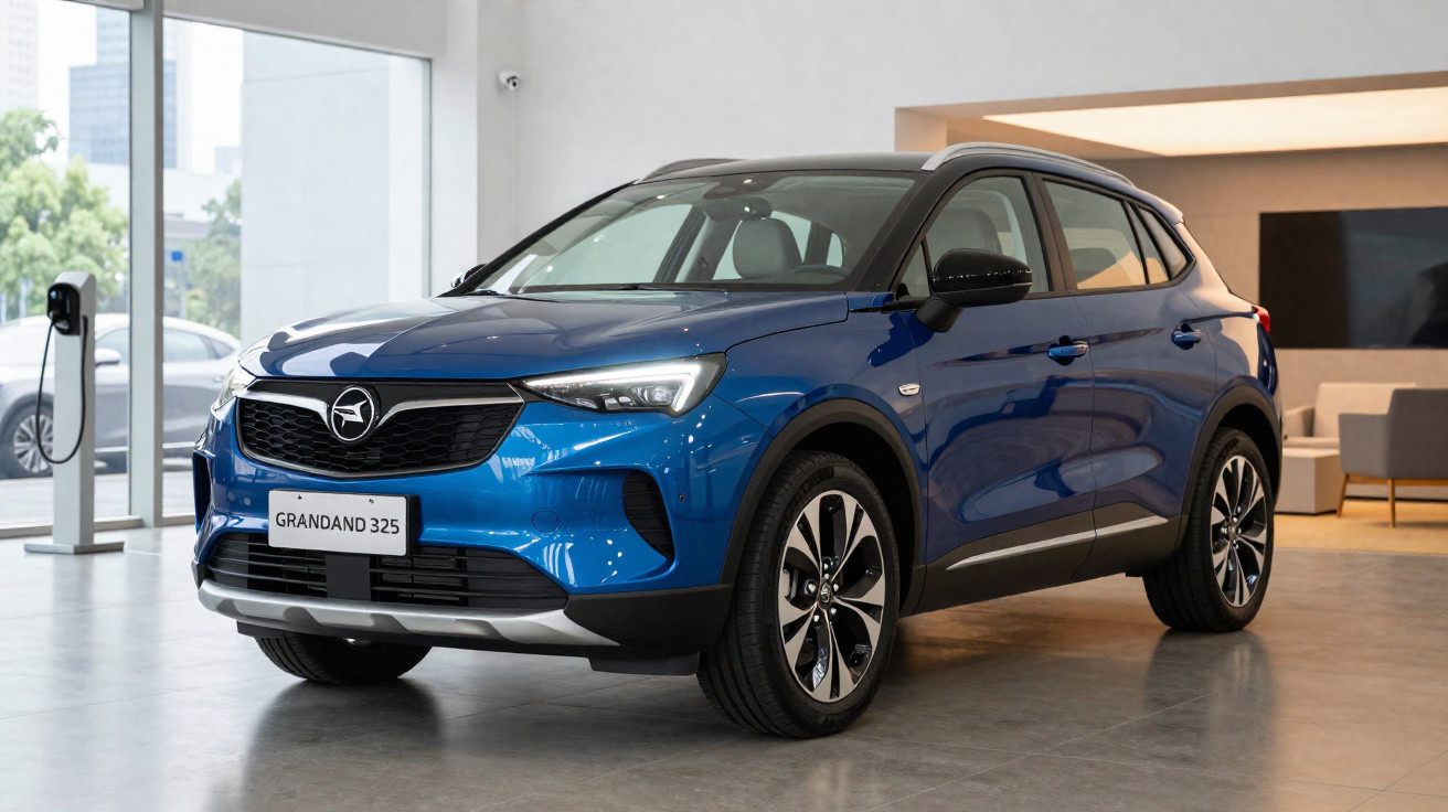 Carro elétrico Opel Grandland 325 azul estacionado em showroom moderno e iluminado.
