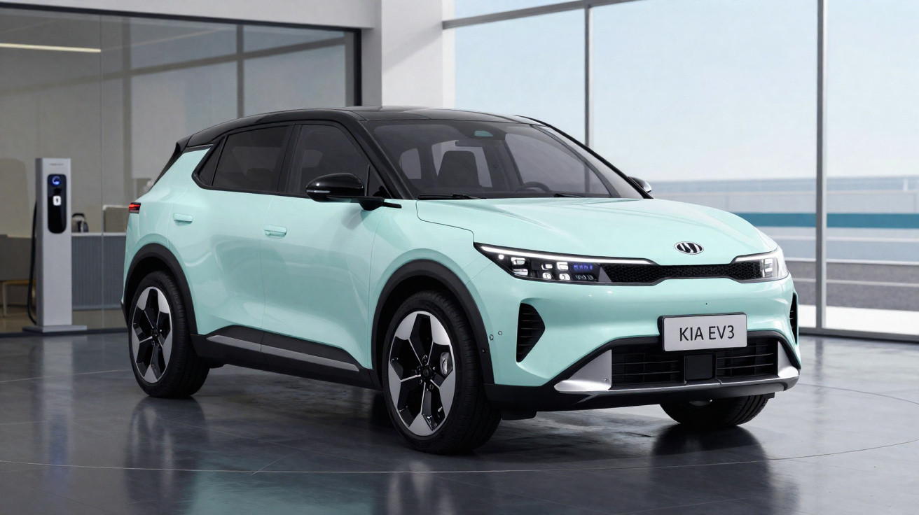 Carro elétrico Kia EV3 azul claro estacionado em sala ampla com carregador elétrico ao fundo.