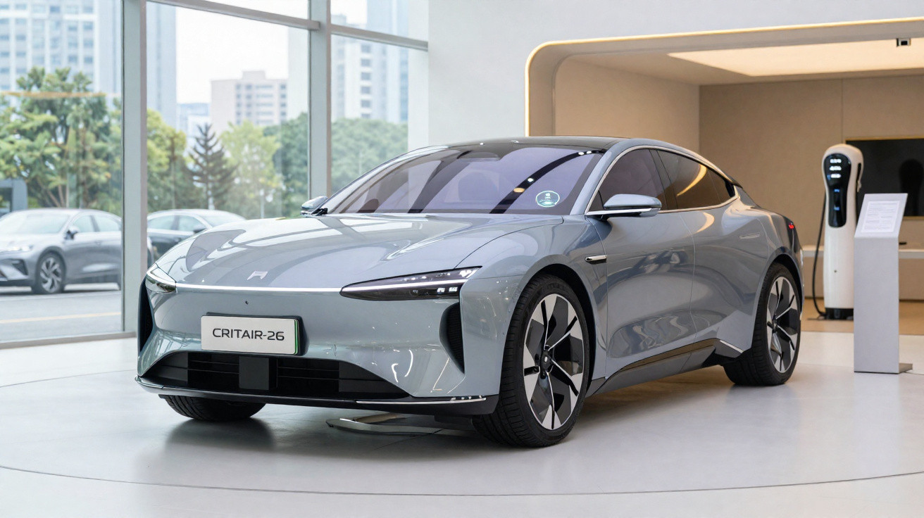 Carro elétrico cinza moderno CRITAIR-26 exibido em ambiente interior com carregador ao fundo.