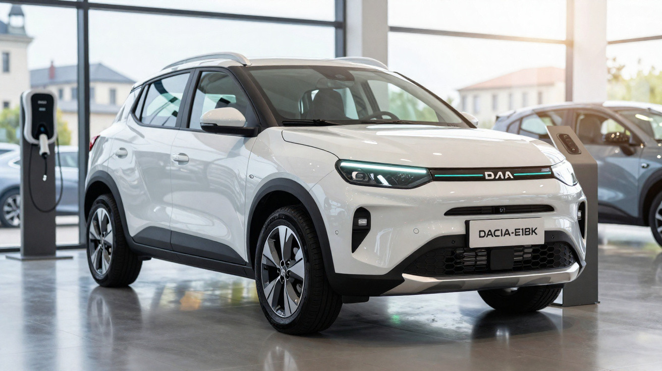 Carro elétrico branco Dacia Spring EV exposto numa garagem moderna com estação de carregamento.