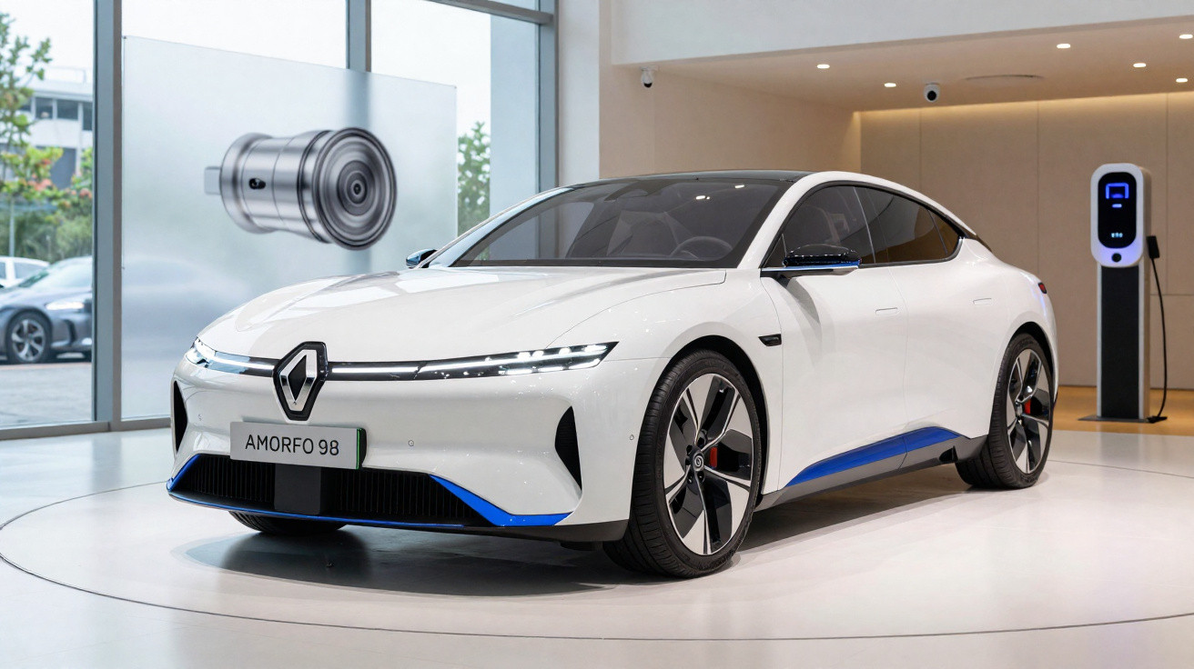 Carro elétrico branco moderno com carregador ao lado, exposto em showroom elegante e iluminado.