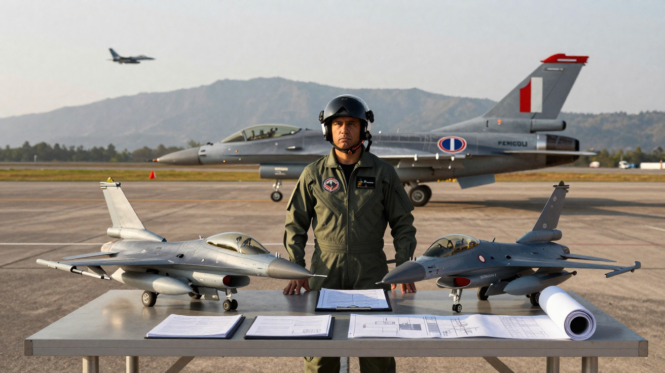 Piloto militar em fato verde com capacete está atrás de uma mesa com dois modelos de aviões de combate e documentos, com caça