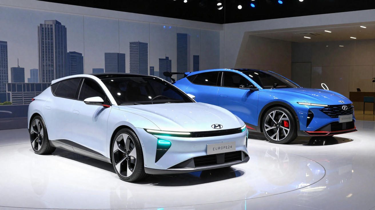 Dois carros elétricos Hyundai Europe24 expostos em ambiente moderno, um branco e outro azul.