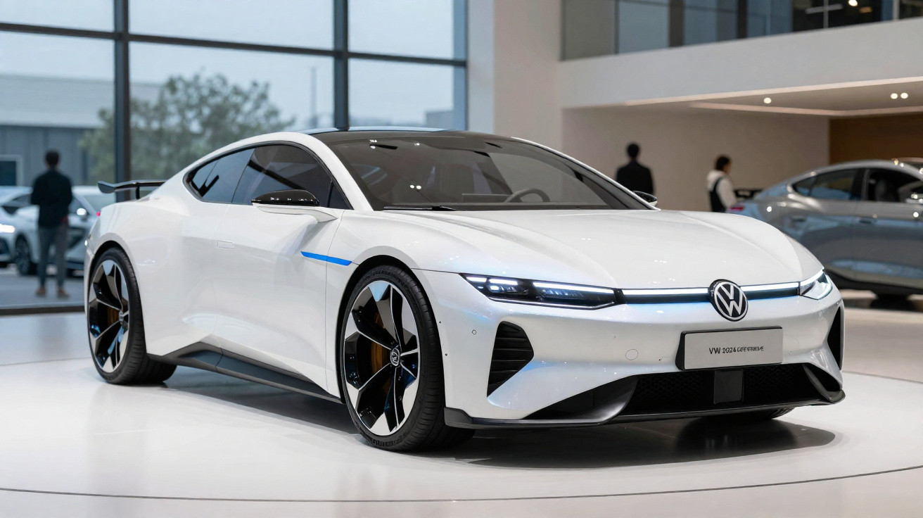 Carro elétrico desportivo Volkswagen branco exposto em ambiente interior moderno.