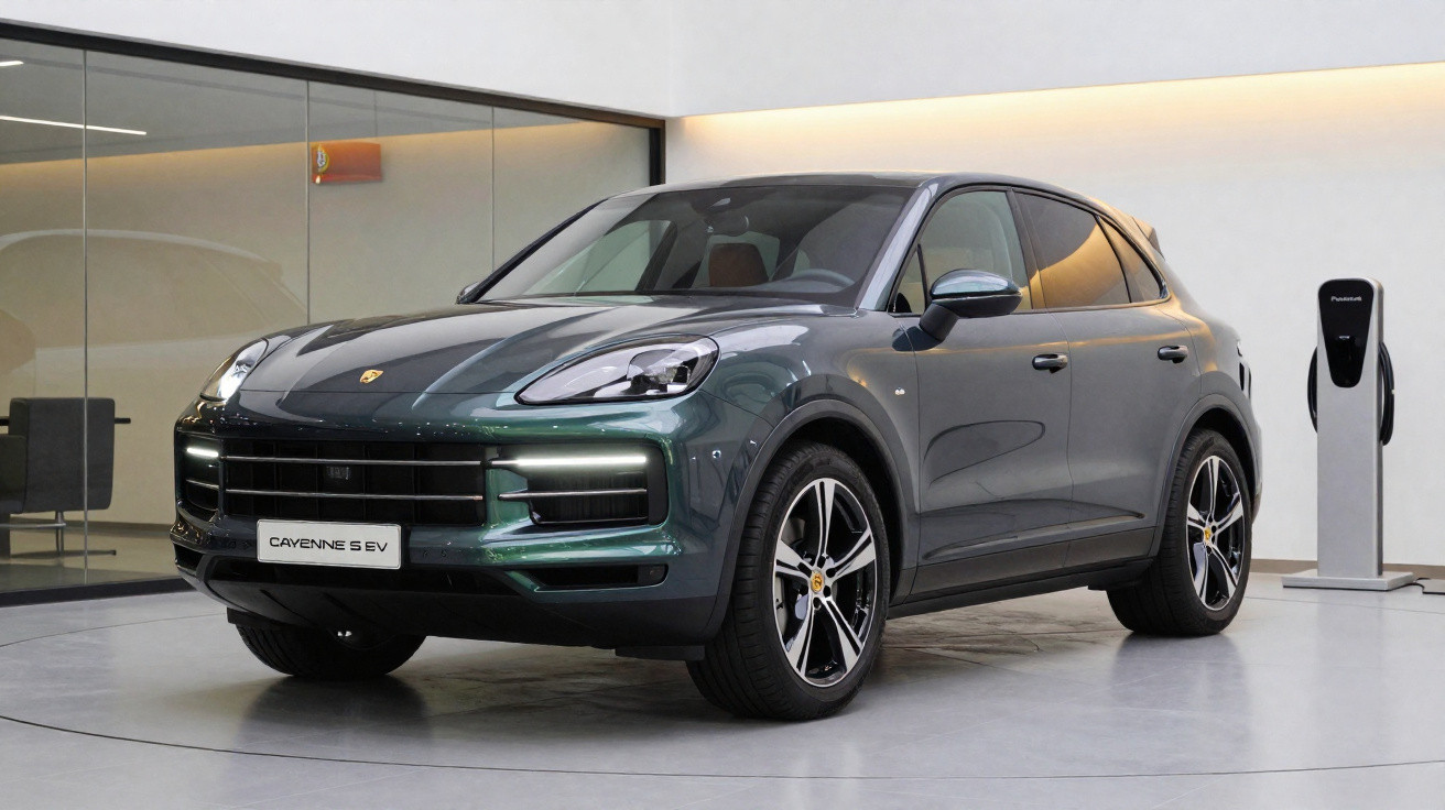 SUV elétrico Porsche Cayenne S EV cinza estacionado em showroom moderno com estação de carregamento.