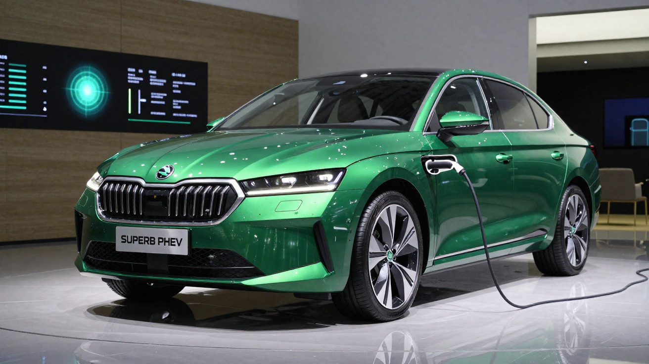 Carro verde Skoda Superb PHEV elétrico a ser carregado numa sala de exposição moderna.