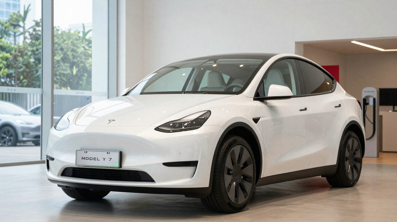 Carro elétrico Tesla Model Y 7 branco em exposição numa sala iluminada com vidros e carregador eléctrico ao fundo.