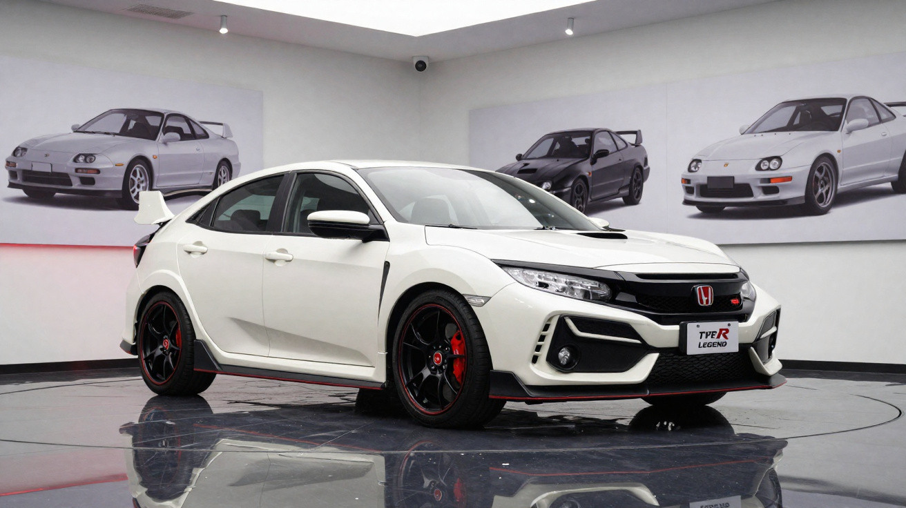 Carro desportivo Honda Civic Type R branco numa sala com fotografias de carros desportivos nas paredes.