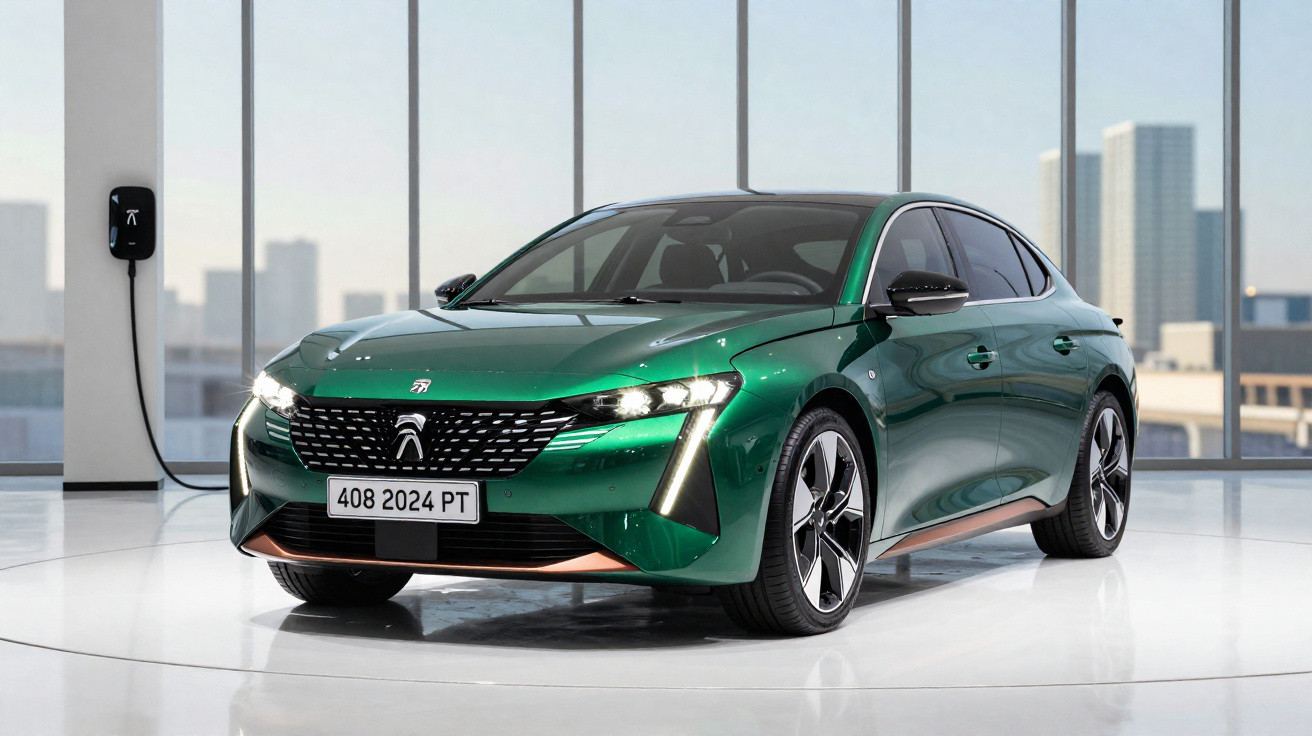 Peugeot 408 elétrico verde metálico estacionado em interior moderno com carregador conectado na parede.