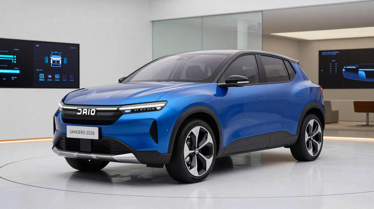 Carro SUV elétrico azul Dacia Sandero 2026 exibido em ambiente moderno e minimalista.