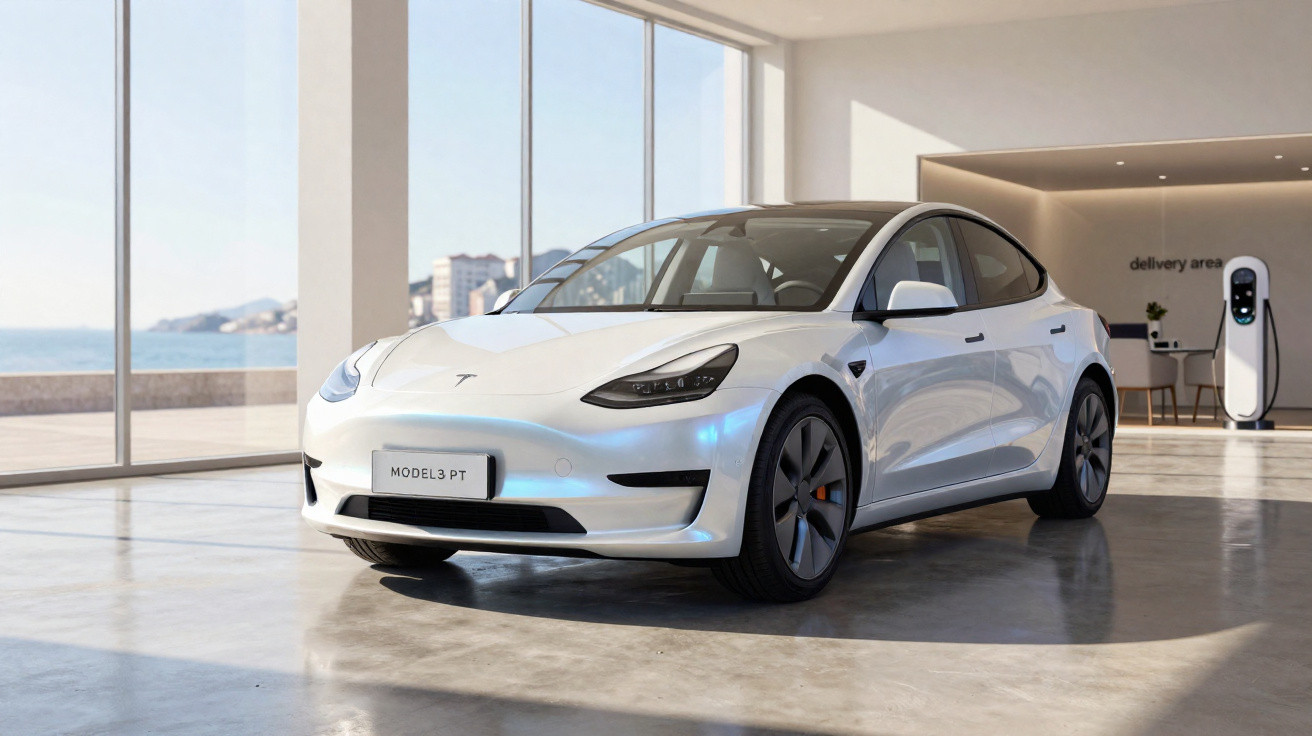 Carro elétrico branco Tesla Model 3 estacionado em showroom moderno com vista para o mar.