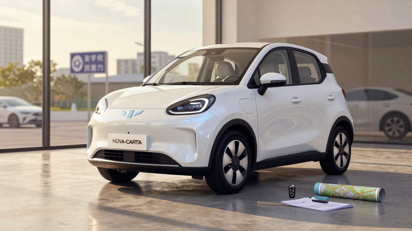 Carro elétrico compacto branco estacionado num showroom moderno com chave e mapa no chão.