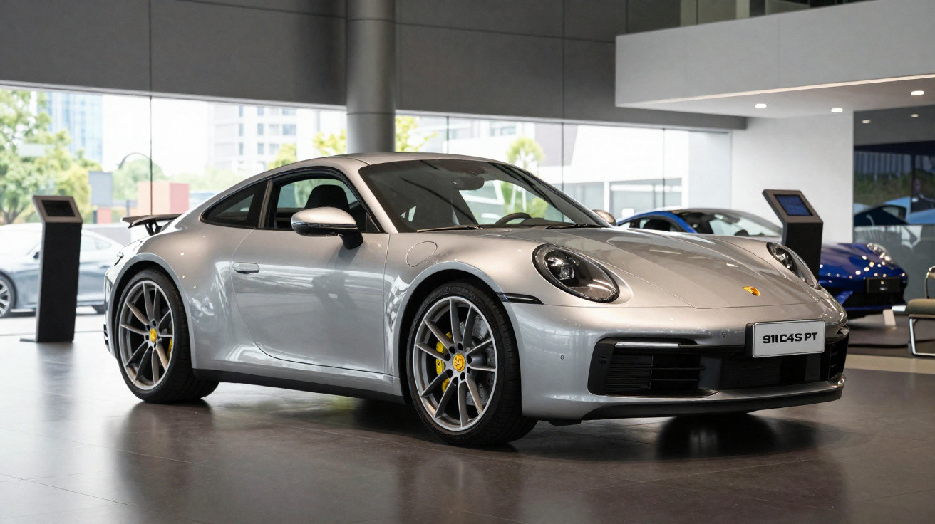 Carro desportivo Porsche 911 prata em exposição dentro de um showroom moderno.