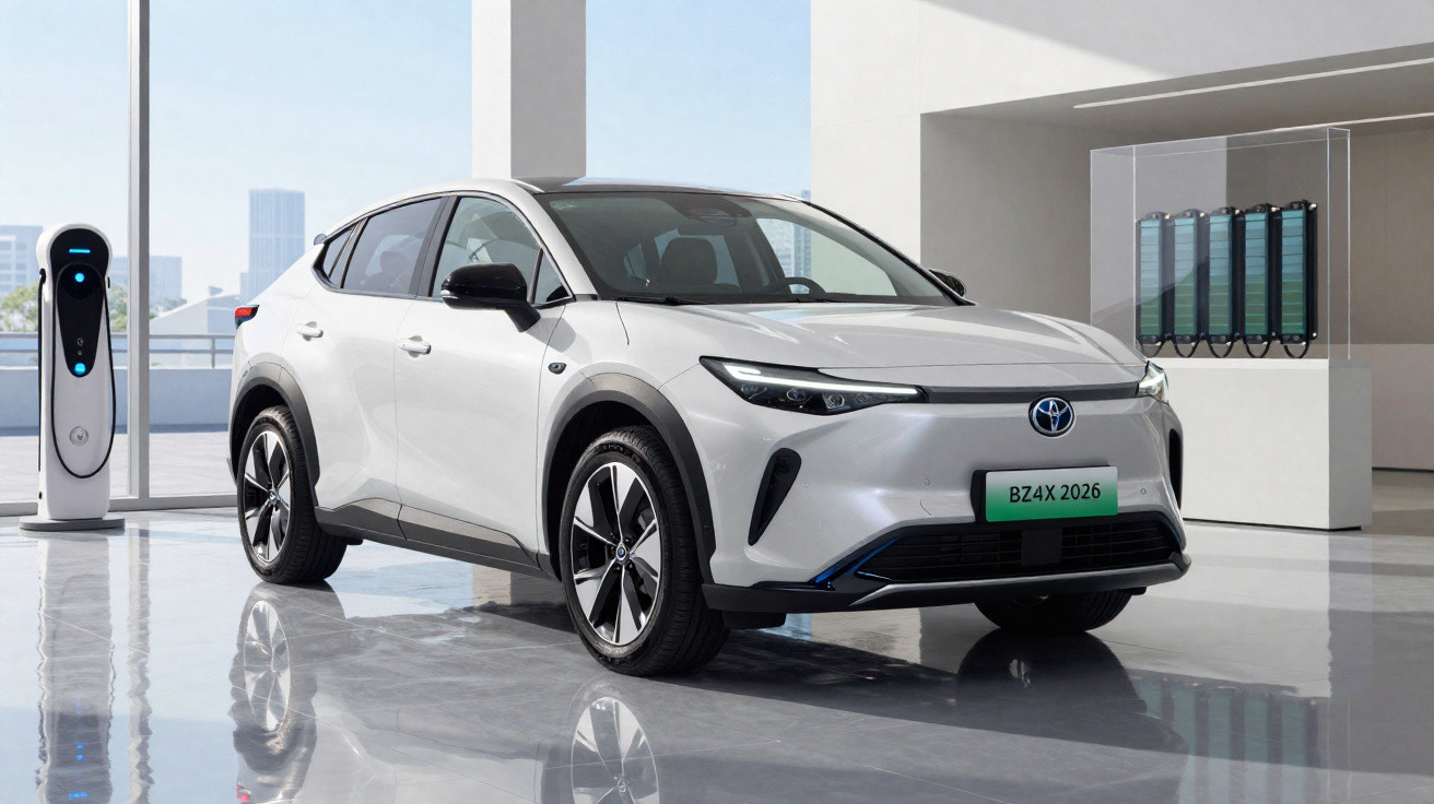 Carro elétrico branco Toyota BZ4X estacionado próximo a um carregador de bateria num ambiente moderno.