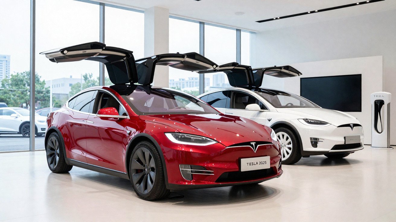 Duas viaturas Tesla elétricas num salão, com portas em asa de gaivota abertas, uma vermelha e outra branca.