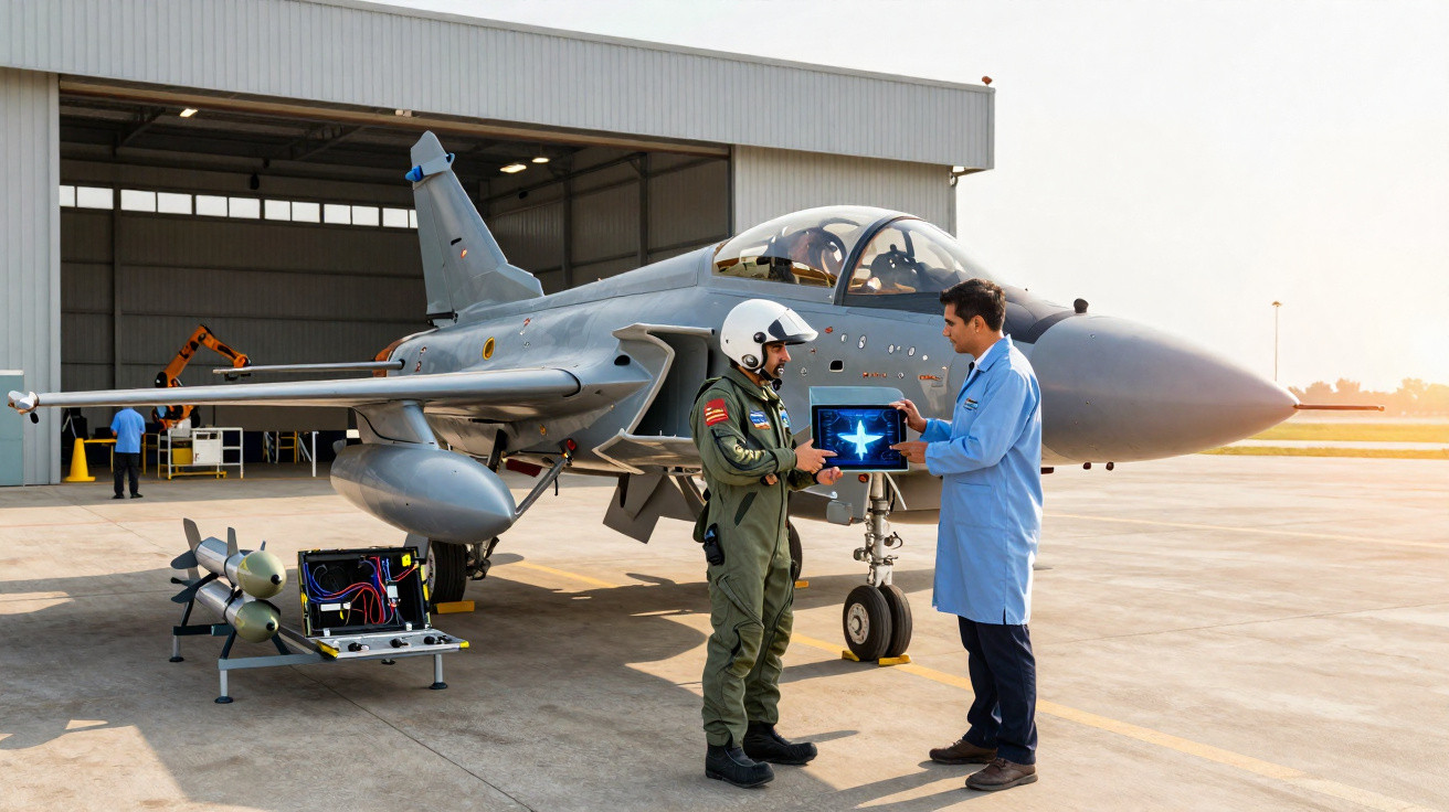 Piloto militar e engenheiro analisam imagem de avião de combate junto a caça num hangar aberto.