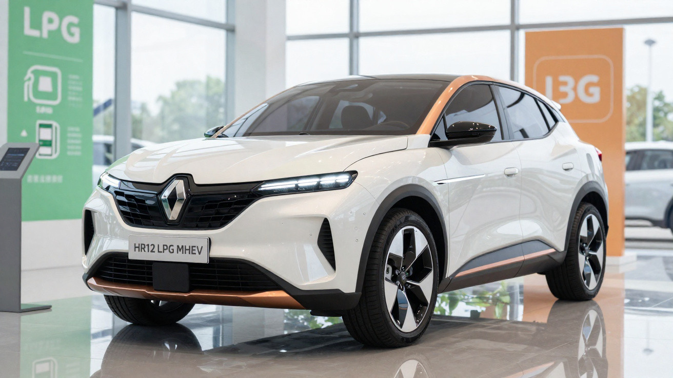 Automóvel branco híbrido Renault HR12 LPG MHEV em exposição numa sala iluminada.