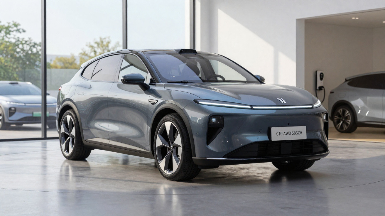 Carro elétrico cinza escuro, modelo SUV, estacionado num showroom moderno com vidros grandes.