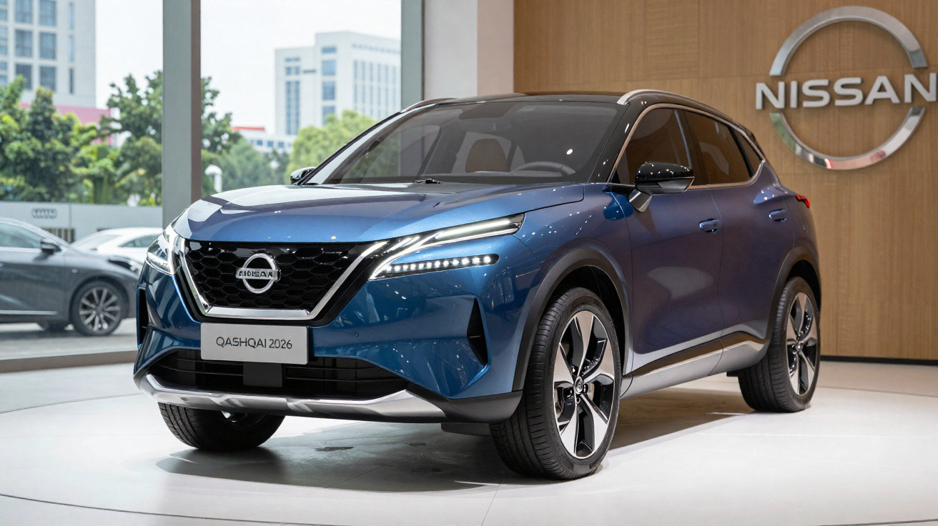 Carro Nissan Qashqai 2026 azul, em exposição numa sala de showroom moderno.