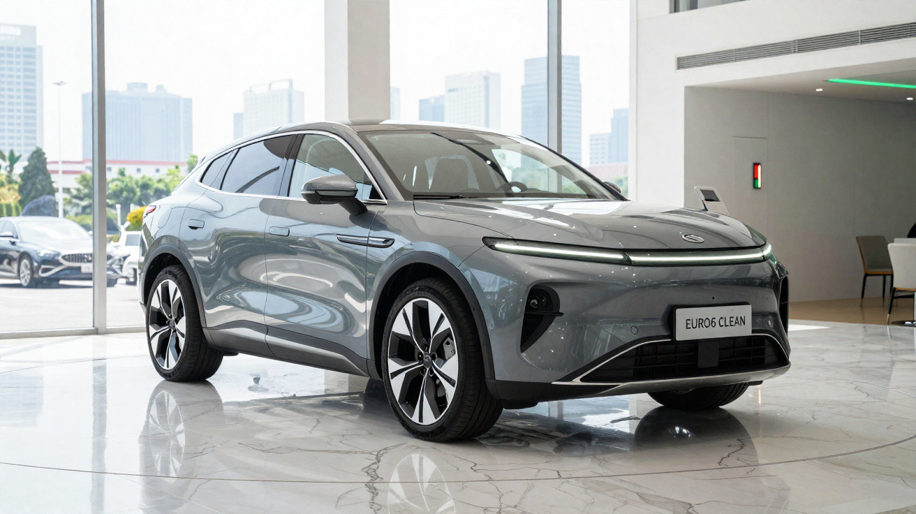 Carro elétrico cinzento brilhante num showroom moderno com piso de mármore e luz natural.