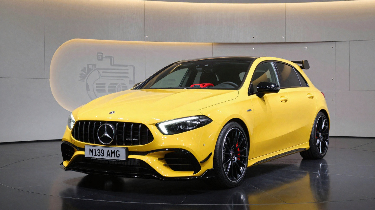 Carro amarelo Mercedes-Benz M139 AMG estacionado em espaço interior moderno com luz suave.