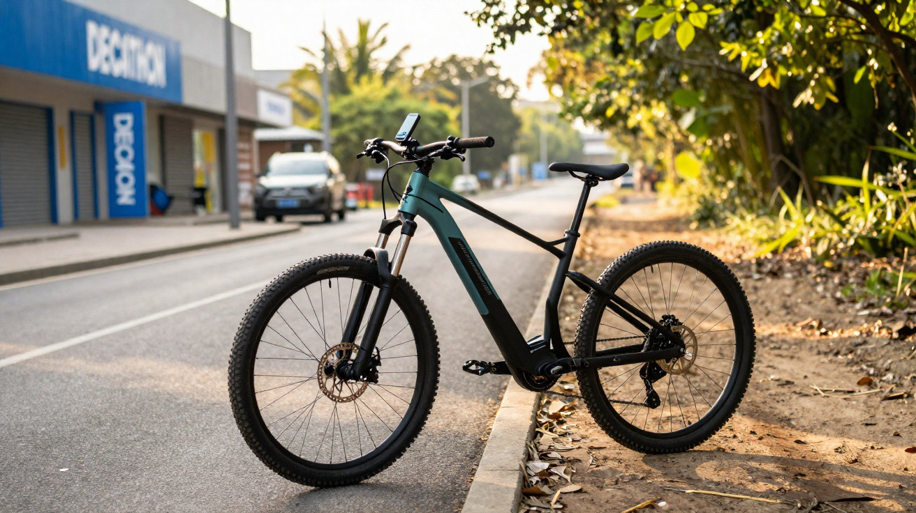 Bicicleta elétrica preta estacionada junto ao passeio, em estrada com árvores e edifícios ao fundo.